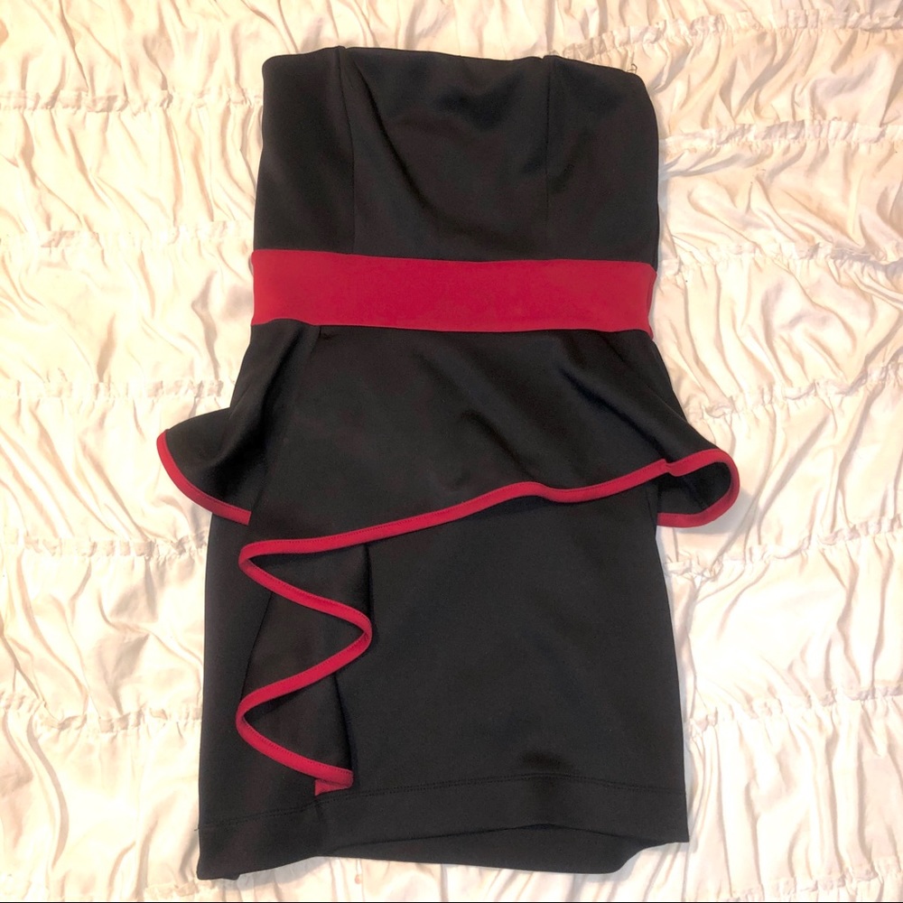 black cocktail dress with red accent